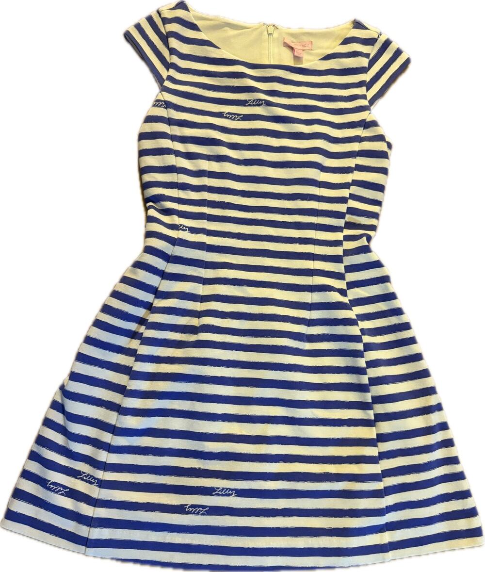Lilly Pulitzer Dress Womens S Blue & White Stripe Fit & Flare Knee Length